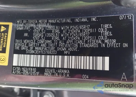 2012 Toyota Highlander Base V6 from USA, damaged, VIN 5TDBK3EH1CS168203